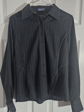 Faconnable Womens Medium Black Pinstripe Button-Up Workwear Shirt